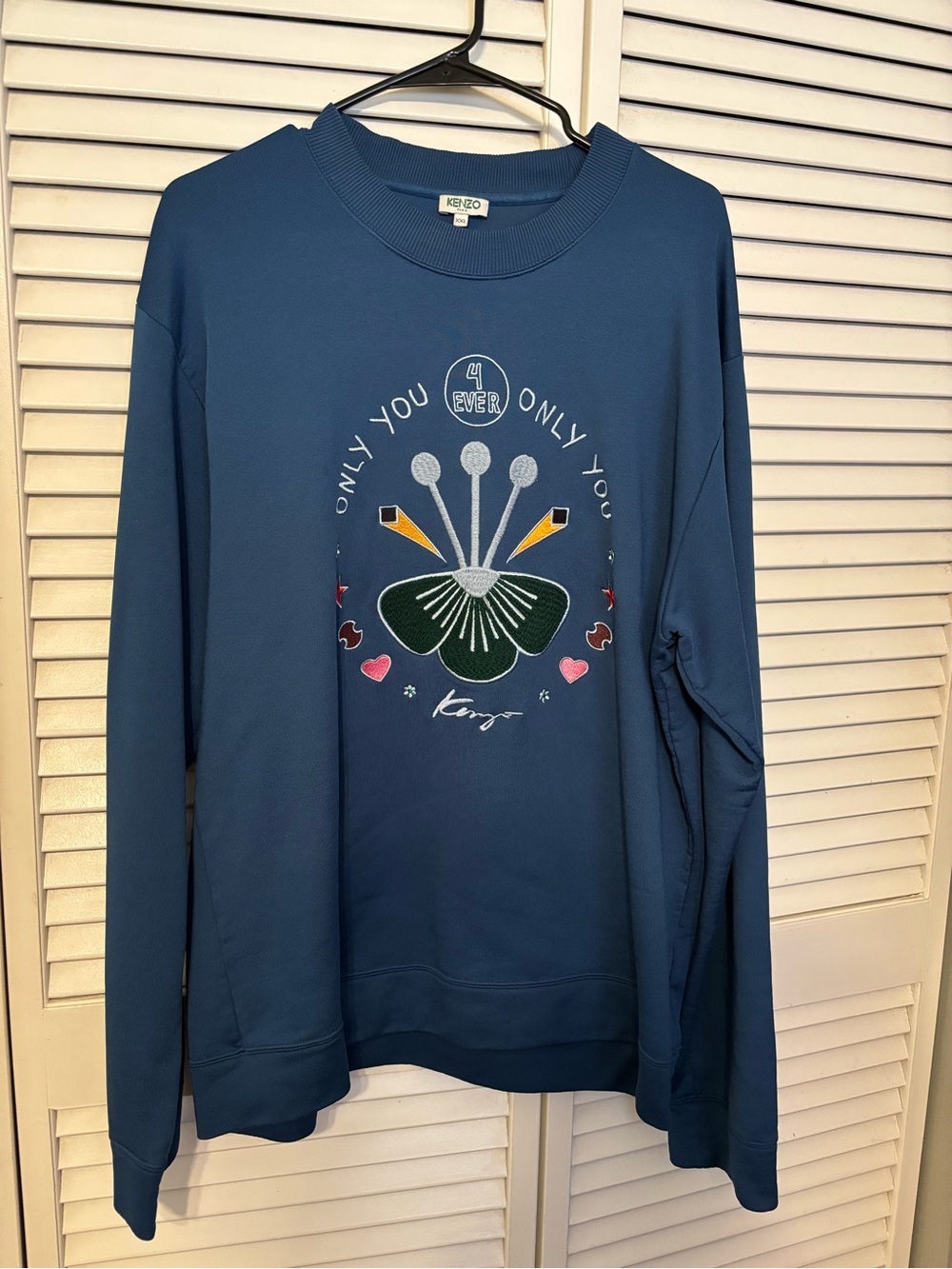 Kenzo Teal Blue Embroidered Floral Crewneck